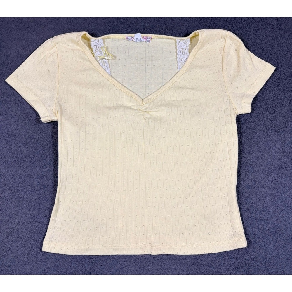 Pink Republic Top Womens Medium Yellow Lace Pointelle V-Neck Short Sleeve
